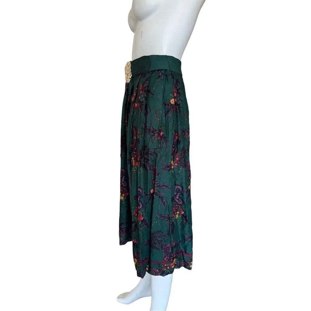 Susan Bristol green emerald floral A-line vintage 90’s women’s m skirt gold belt